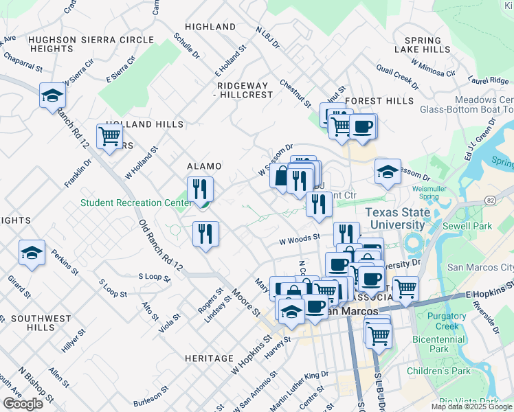 map of restaurants, bars, coffee shops, grocery stores, and more near 749 North Comanche Street in San Marcos
