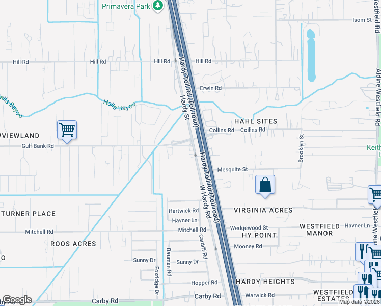 map of restaurants, bars, coffee shops, grocery stores, and more near 12965 West Hardy Road in Houston
