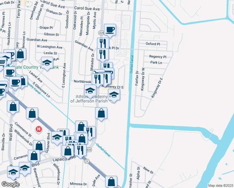 map of restaurants, bars, coffee shops, grocery stores, and more near 2909 Westside Drive in Terrytown
