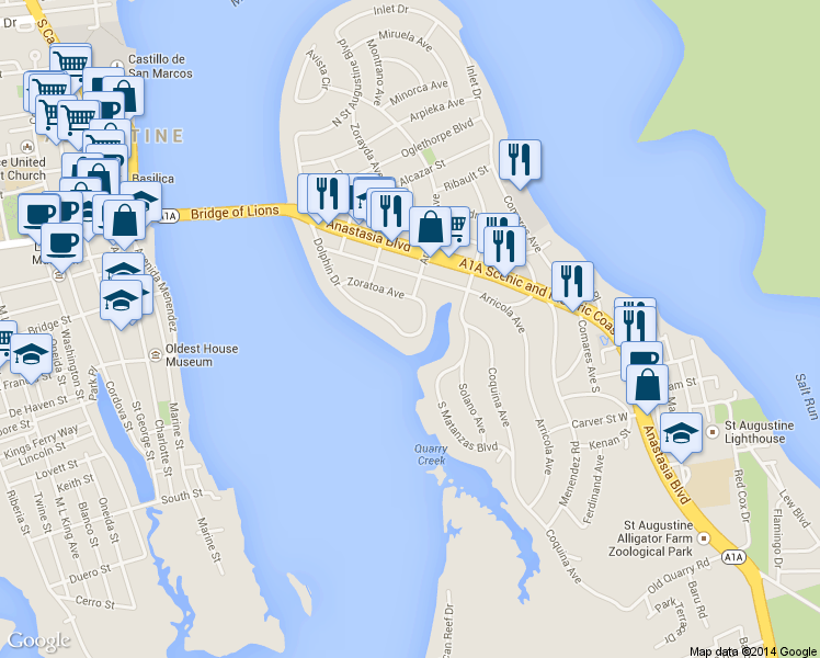 map of restaurants, bars, coffee shops, grocery stores, and more near 78 Dolphin Dr in St Augustine