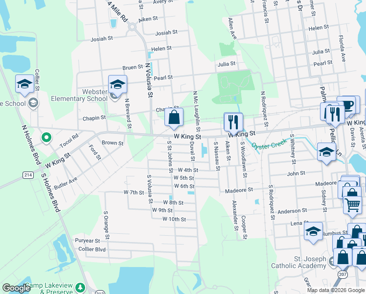 map of restaurants, bars, coffee shops, grocery stores, and more near 821 West 1st Street in St. Augustine