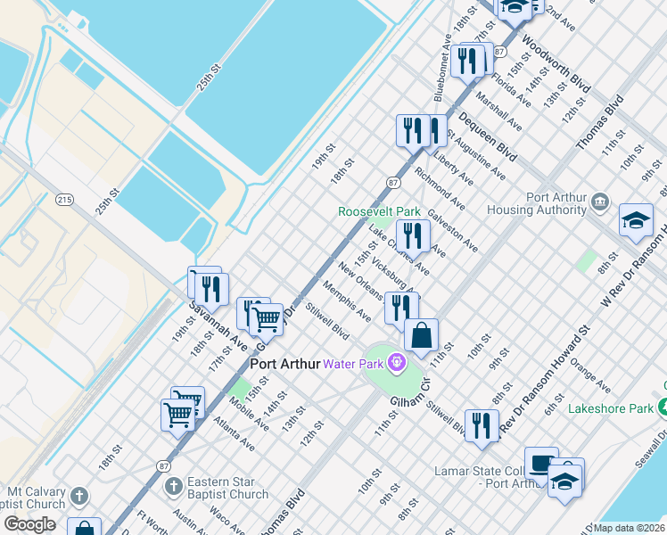map of restaurants, bars, coffee shops, grocery stores, and more near 1648 Gulfway Drive in Port Arthur