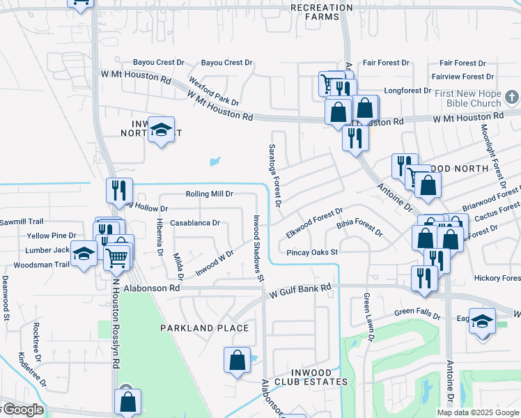 map of restaurants, bars, coffee shops, grocery stores, and more near 10202 Inwood Shadows Street in Houston