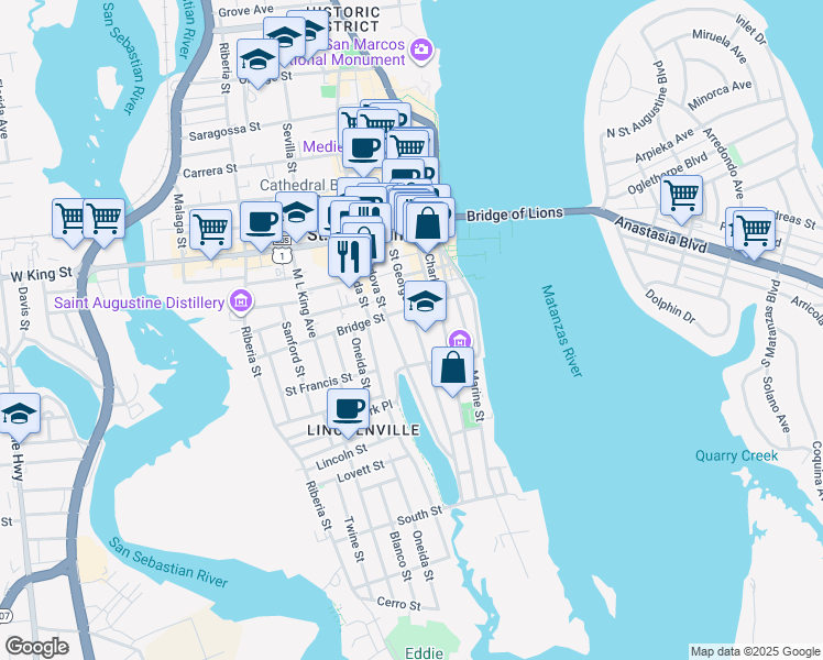 map of restaurants, bars, coffee shops, grocery stores, and more near 262 Saint George Street in St. Augustine