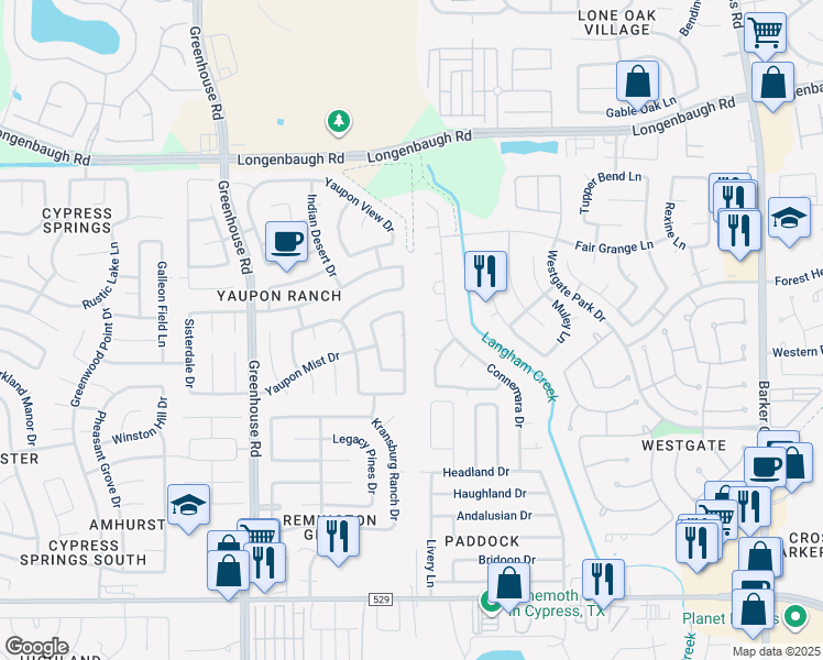 map of restaurants, bars, coffee shops, grocery stores, and more near 7722 Sunburst View Drive in Cypress