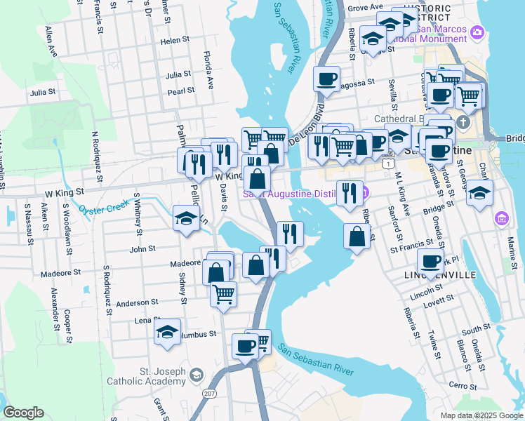 map of restaurants, bars, coffee shops, grocery stores, and more near 333A South Ponce De Leon Boulevard in St. Augustine