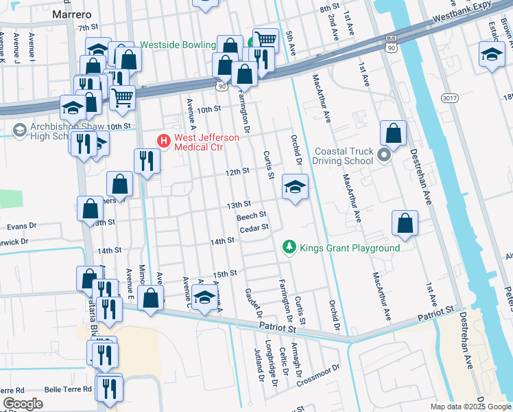 map of restaurants, bars, coffee shops, grocery stores, and more near 1300 Farrington Drive in Marrero
