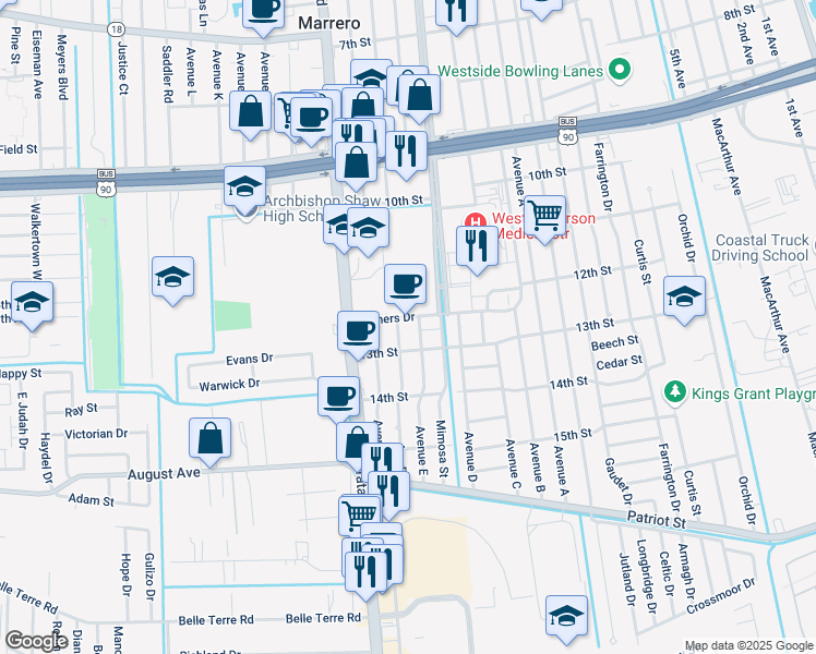map of restaurants, bars, coffee shops, grocery stores, and more near 4700 Wichers Drive in Marrero