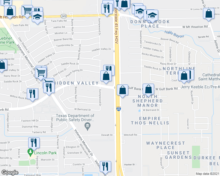 map of restaurants, bars, coffee shops, grocery stores, and more near West Gulf Bank Road in Houston