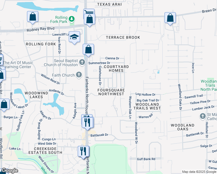 map of restaurants, bars, coffee shops, grocery stores, and more near 7806 East Ridge Drive in Houston