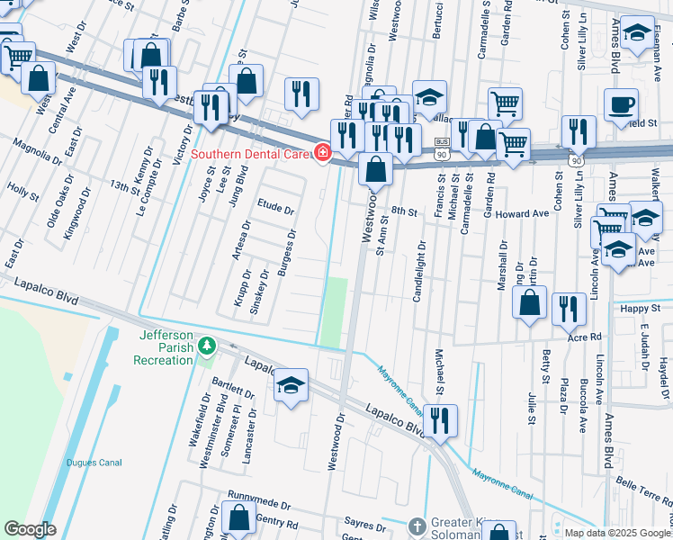 map of restaurants, bars, coffee shops, grocery stores, and more near 1 Blueberry Court in Marrero