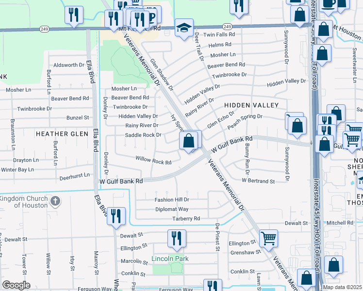 map of restaurants, bars, coffee shops, grocery stores, and more near 1426 Cool Spring Drive in Houston