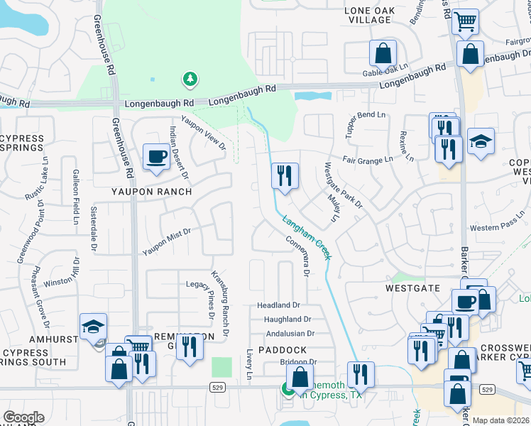 map of restaurants, bars, coffee shops, grocery stores, and more near 7678 Connemara Drive in Cypress