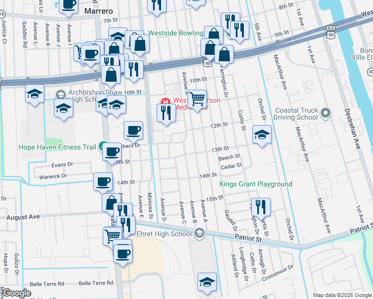 map of restaurants, bars, coffee shops, grocery stores, and more near 1235 Avenue B in Marrero