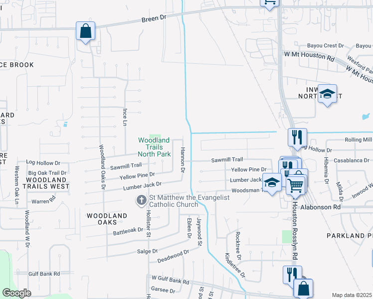map of restaurants, bars, coffee shops, grocery stores, and more near 10222 Hannon Drive in Houston