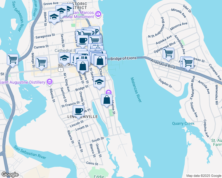 map of restaurants, bars, coffee shops, grocery stores, and more near 63 Marine Street in St. Augustine