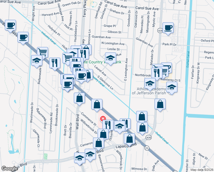 map of restaurants, bars, coffee shops, grocery stores, and more near 2112 South Glencove Lane in Terrytown
