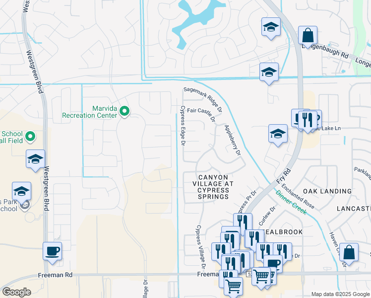 map of restaurants, bars, coffee shops, grocery stores, and more near 20754 Desert Shadows Lane in Cypress