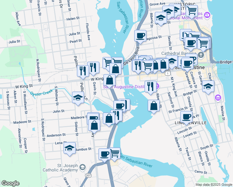 map of restaurants, bars, coffee shops, grocery stores, and more near 333A South Ponce De Leon Boulevard in St. Augustine