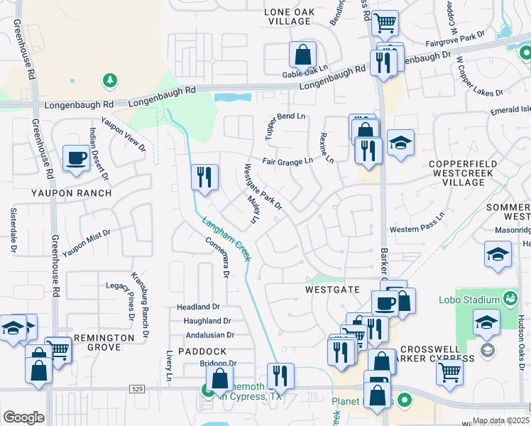 map of restaurants, bars, coffee shops, grocery stores, and more near 18315 Muley Court in Cypress