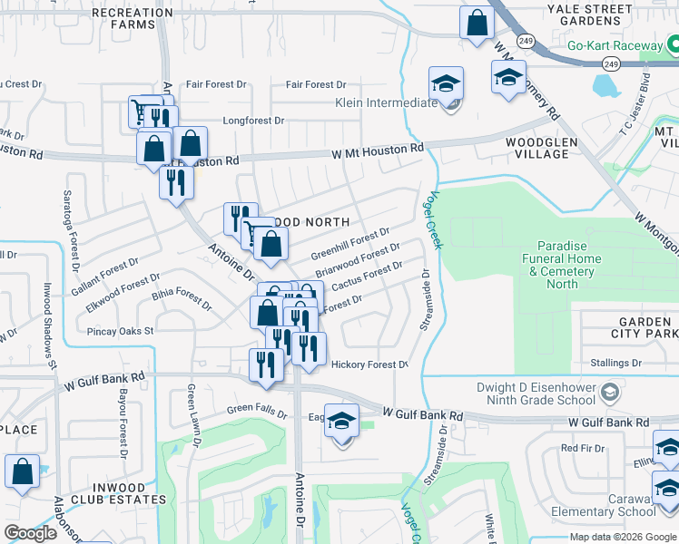 map of restaurants, bars, coffee shops, grocery stores, and more near 5535 Briarwood Forest Drive in Houston