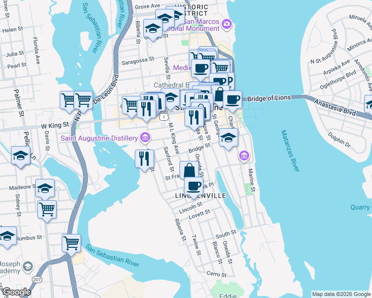 map of restaurants, bars, coffee shops, grocery stores, and more near 90 Bridge Street in St. Augustine