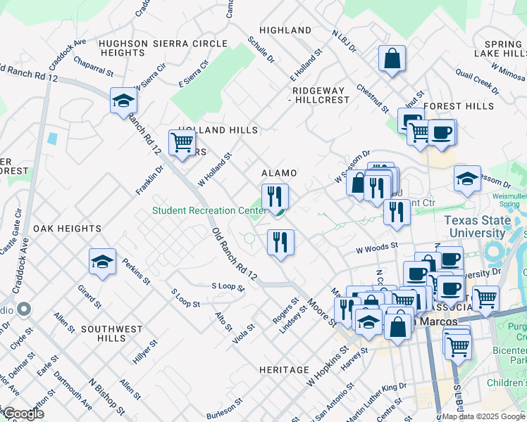 map of restaurants, bars, coffee shops, grocery stores, and more near 1101 Academy Street in San Marcos