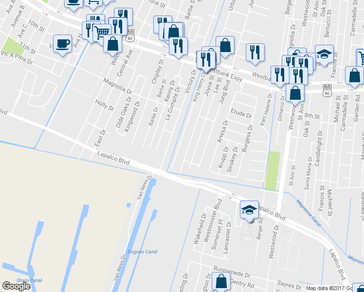 map of restaurants, bars, coffee shops, grocery stores, and more near 1321 King Henry Court in Marrero