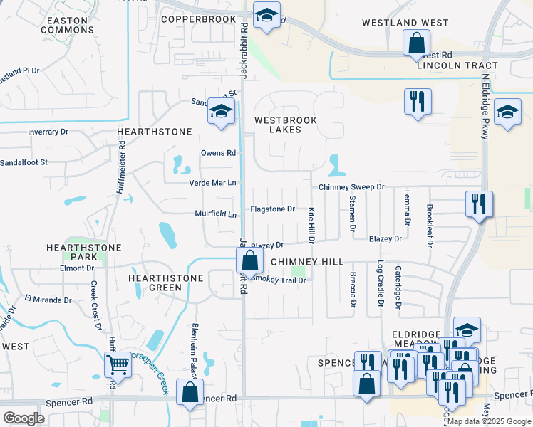 map of restaurants, bars, coffee shops, grocery stores, and more near 13823 Flagstone Drive in Houston