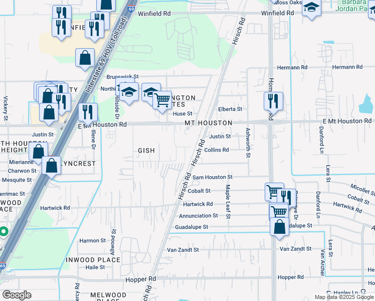 map of restaurants, bars, coffee shops, grocery stores, and more near 5514 East Mount Houston Road in Houston