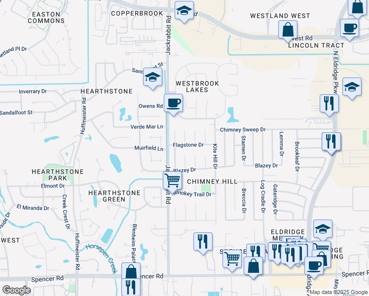 map of restaurants, bars, coffee shops, grocery stores, and more near 13823 Flagstone Drive in Houston