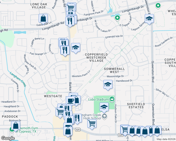 map of restaurants, bars, coffee shops, grocery stores, and more near 17910 Western Pass Lane in Houston