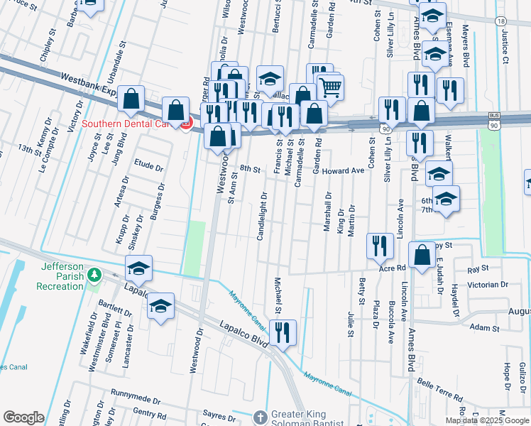 map of restaurants, bars, coffee shops, grocery stores, and more near 1037 Candlelight Drive in Marrero
