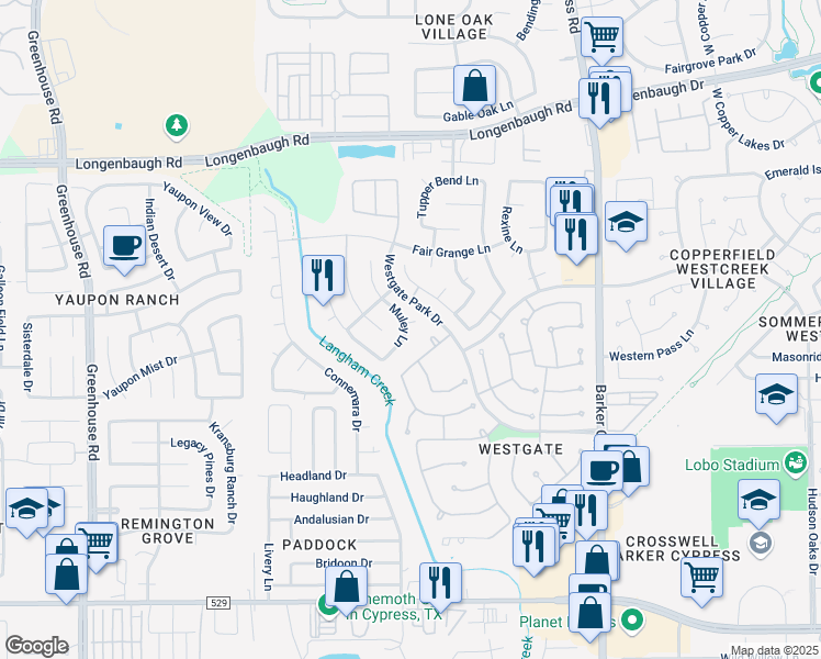 map of restaurants, bars, coffee shops, grocery stores, and more near 18315 Muley Court in Cypress
