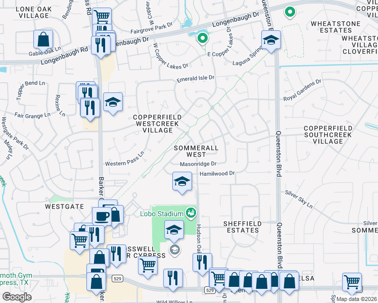 map of restaurants, bars, coffee shops, grocery stores, and more near 17510 Saxon Drive in Houston