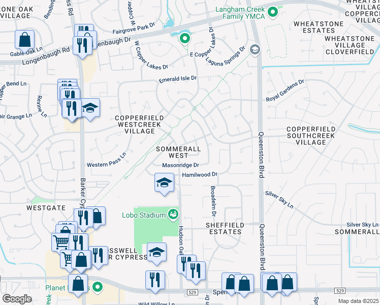 map of restaurants, bars, coffee shops, grocery stores, and more near 17414 Saxon Drive in Houston