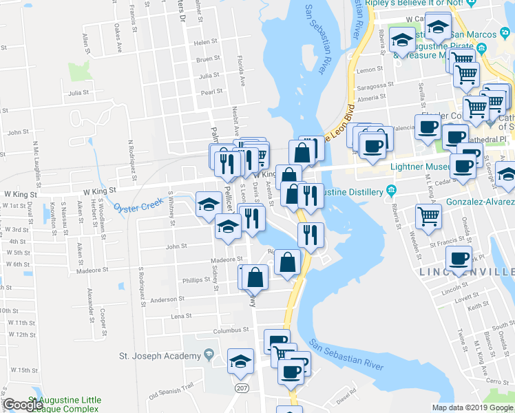 map of restaurants, bars, coffee shops, grocery stores, and more near 33 Davis Street in St. Augustine
