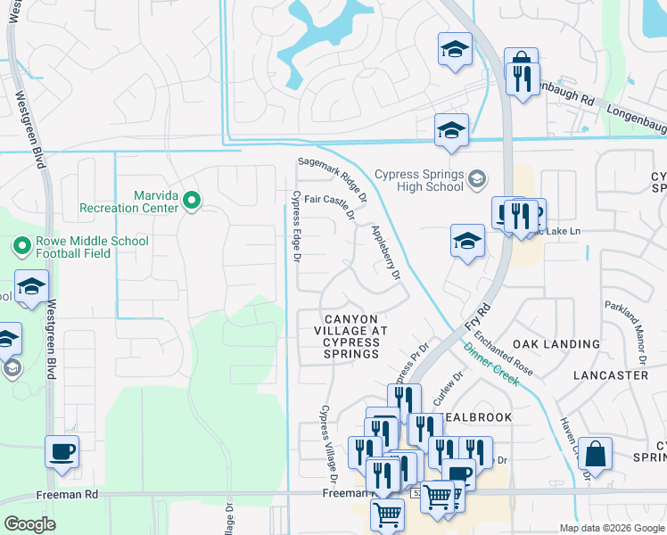 map of restaurants, bars, coffee shops, grocery stores, and more near 20706 Desert Shadows Ln in Cypress