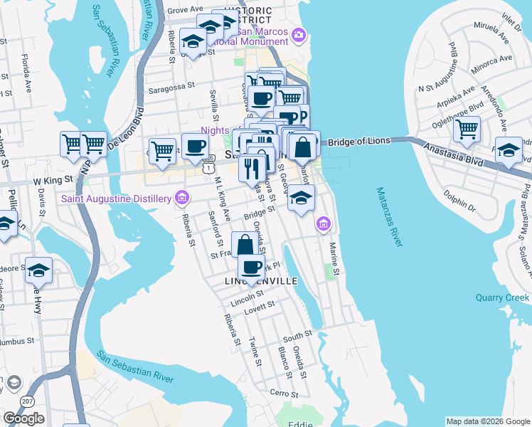 map of restaurants, bars, coffee shops, grocery stores, and more near in St. Augustine
