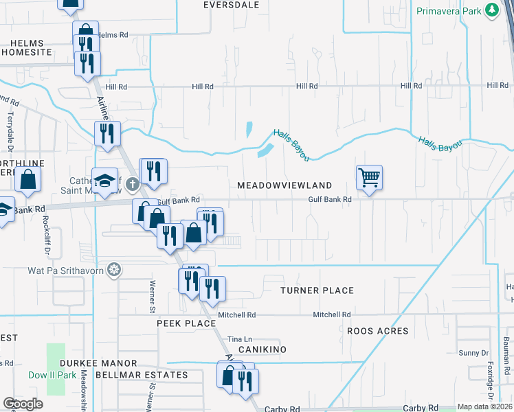 map of restaurants, bars, coffee shops, grocery stores, and more near 404 Gulf Bank Road in Houston
