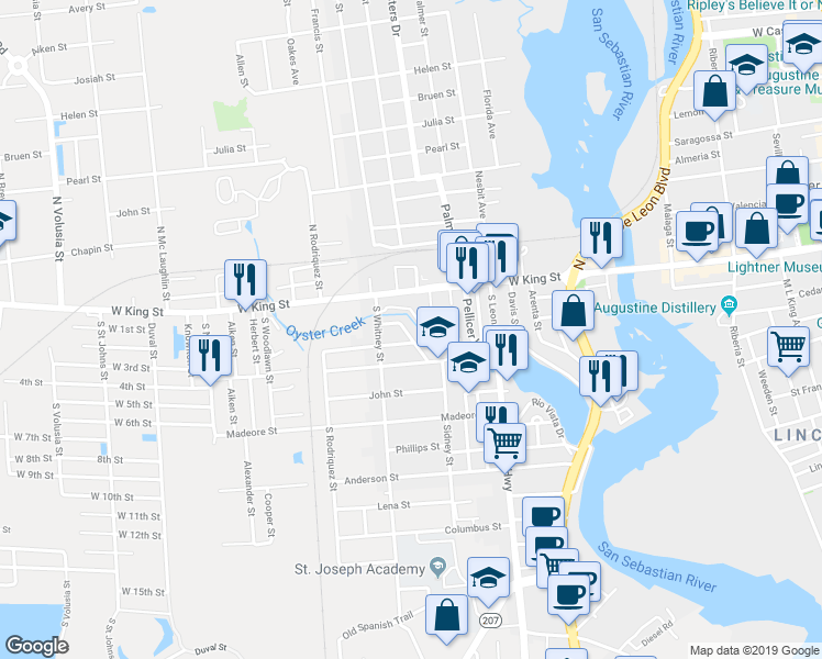 map of restaurants, bars, coffee shops, grocery stores, and more near 16 Rollins Avenue in Saint Augustine