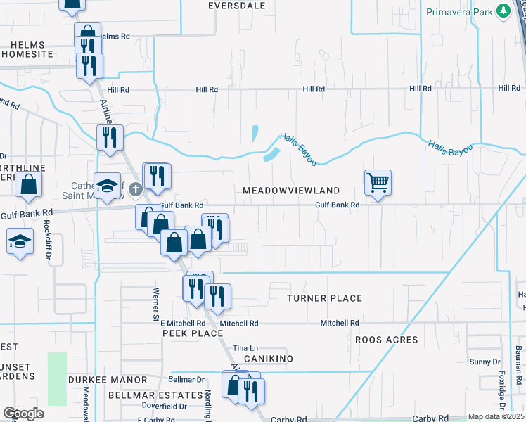map of restaurants, bars, coffee shops, grocery stores, and more near 404 Gulf Bank Road in Houston