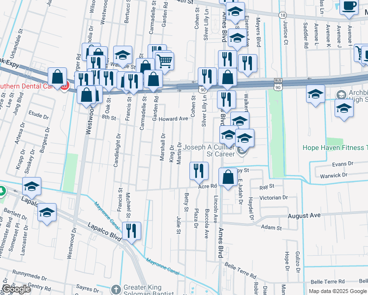 map of restaurants, bars, coffee shops, grocery stores, and more near 6418 Luther Drive in Marrero