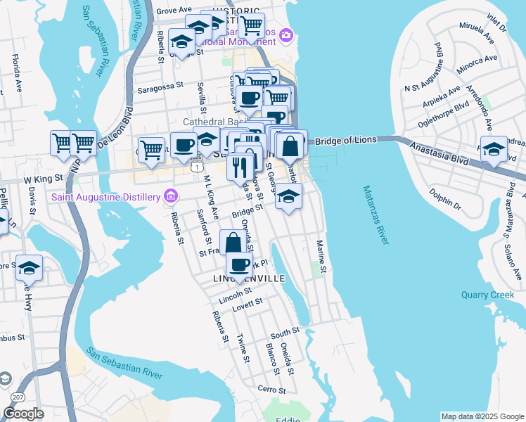 map of restaurants, bars, coffee shops, grocery stores, and more near in St. Augustine