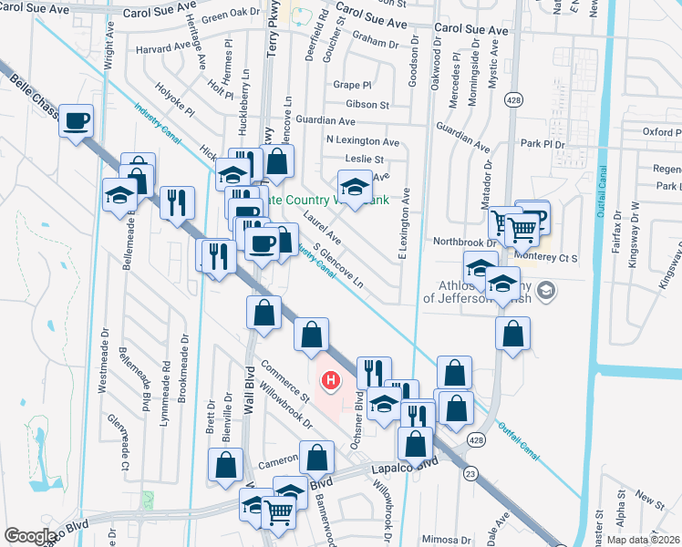 map of restaurants, bars, coffee shops, grocery stores, and more near 2112 South Glencove Lane in Terrytown