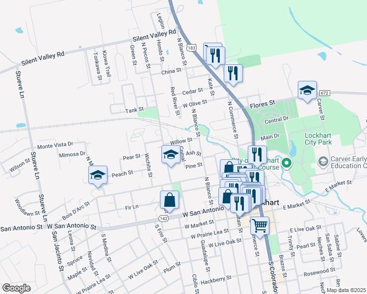 map of restaurants, bars, coffee shops, grocery stores, and more near 606 Comal in Lockhart