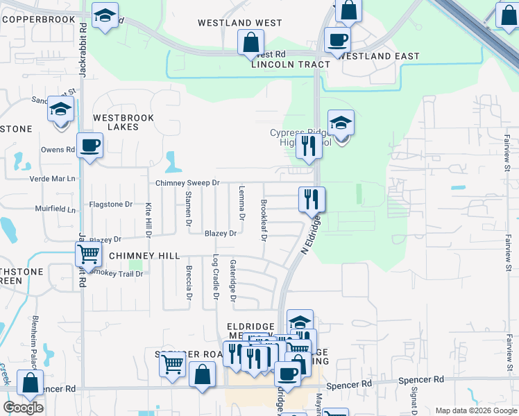 map of restaurants, bars, coffee shops, grocery stores, and more near 7603 Brookleaf Drive in Houston