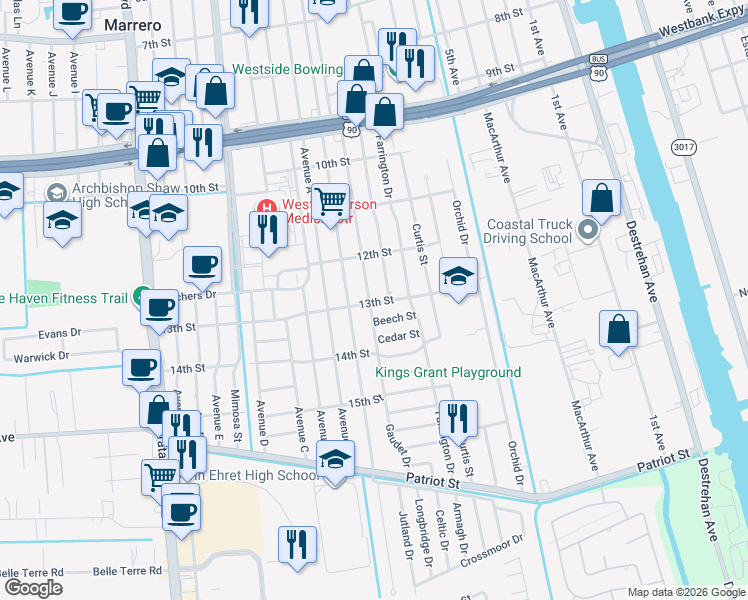 map of restaurants, bars, coffee shops, grocery stores, and more near 1245 Gaudet Drive in Marrero