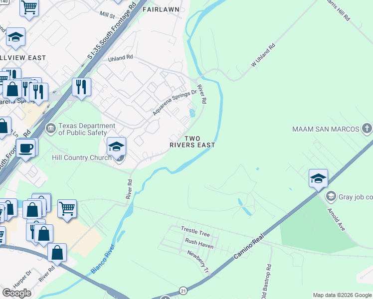 map of restaurants, bars, coffee shops, grocery stores, and more near 2210 River Road in San Marcos