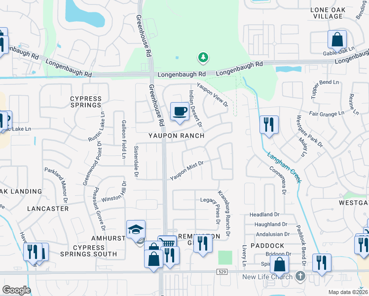 map of restaurants, bars, coffee shops, grocery stores, and more near 19306 Yaupon Creek Drive in Cypress